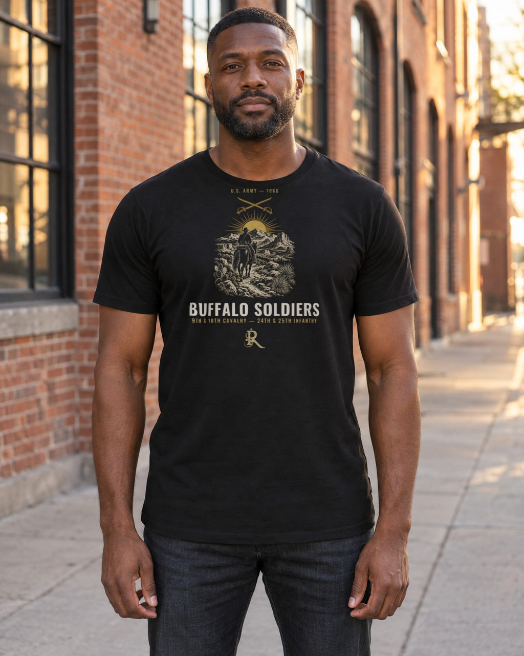 Model wearing the Buffalo Soldiers 1866 Tee