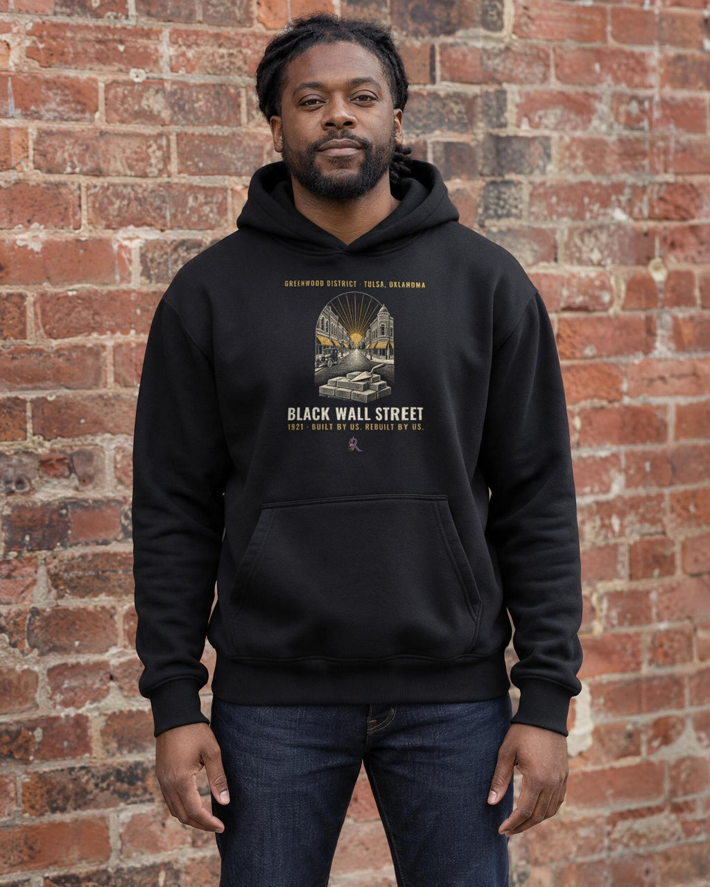 Model wearing the Black Wall Street Hoodie