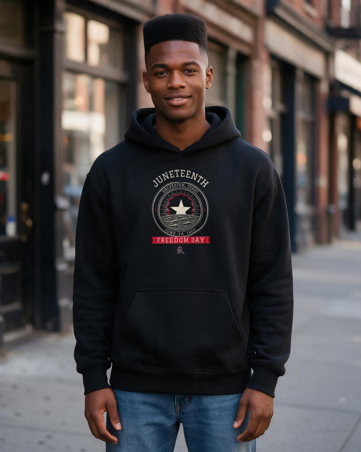 Model wearing the Juneteenth Hoodie