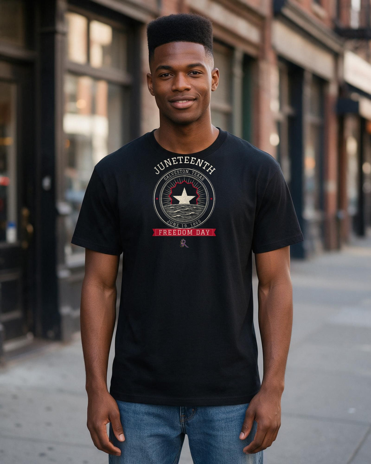 Model wearing the Juneteenth 1865 Freedom Day Tee