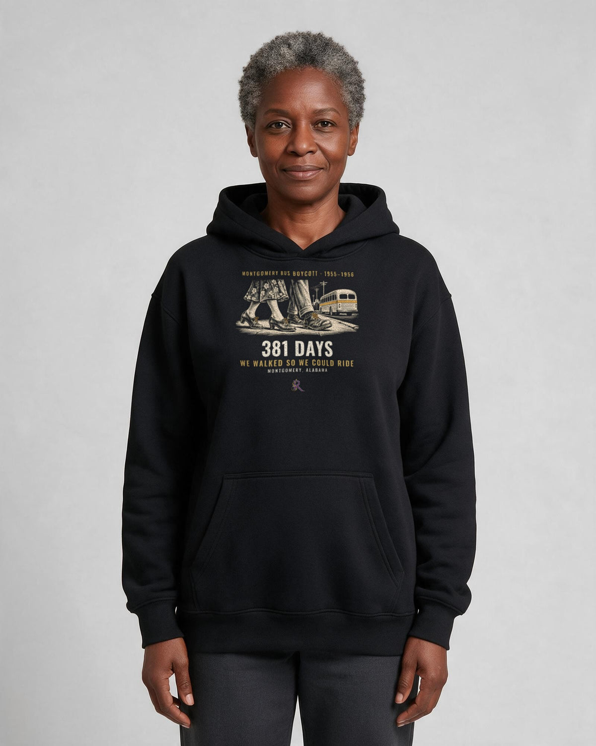 Model wearing the Montgomery Bus Boycott Hoodie