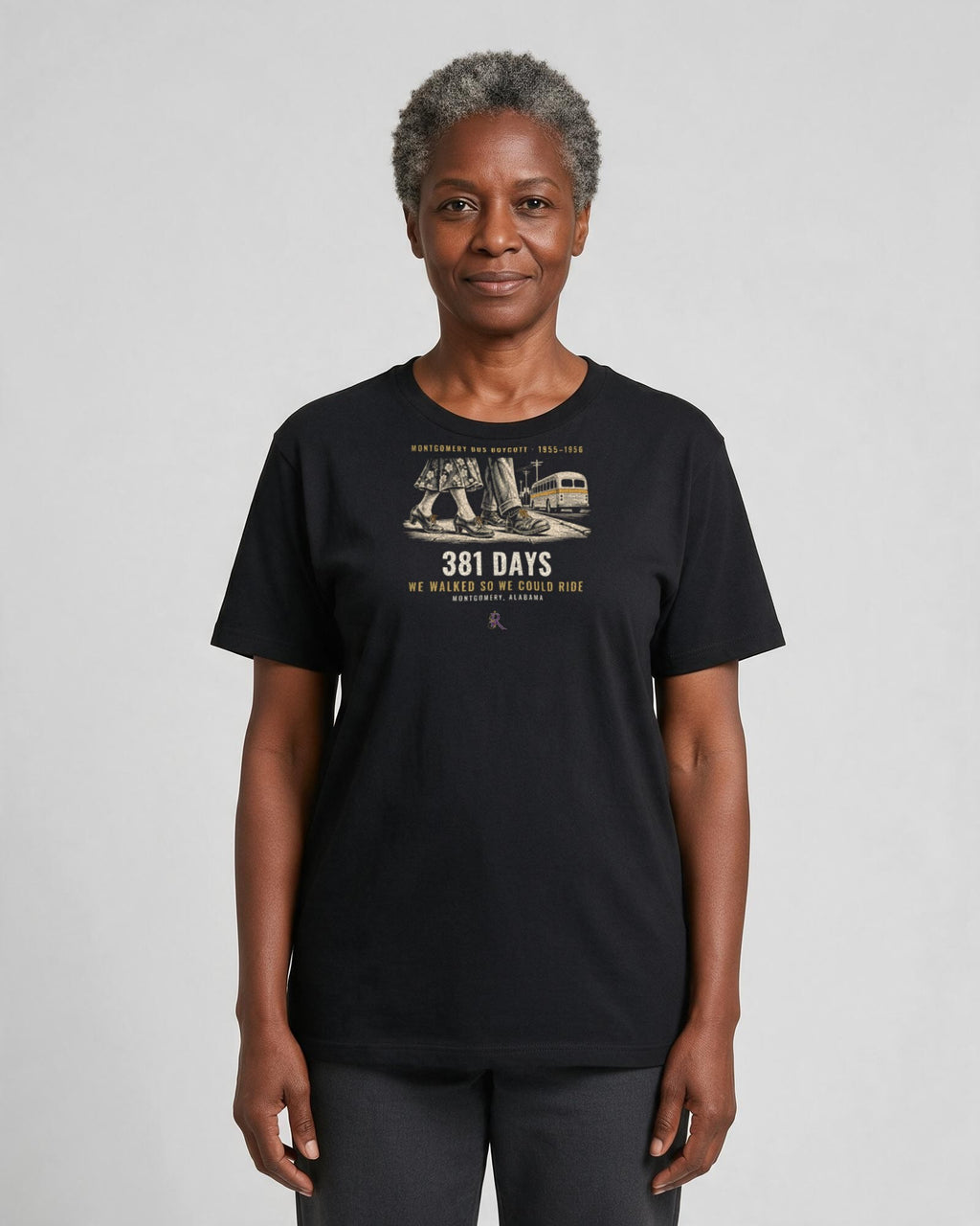 Model wearing the Montgomery Bus Boycott Tee