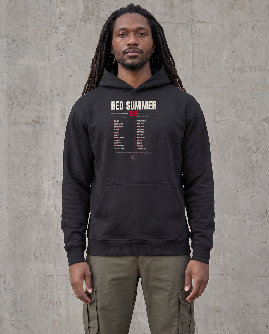Model wearing the Red Summer 1919 Hoodie