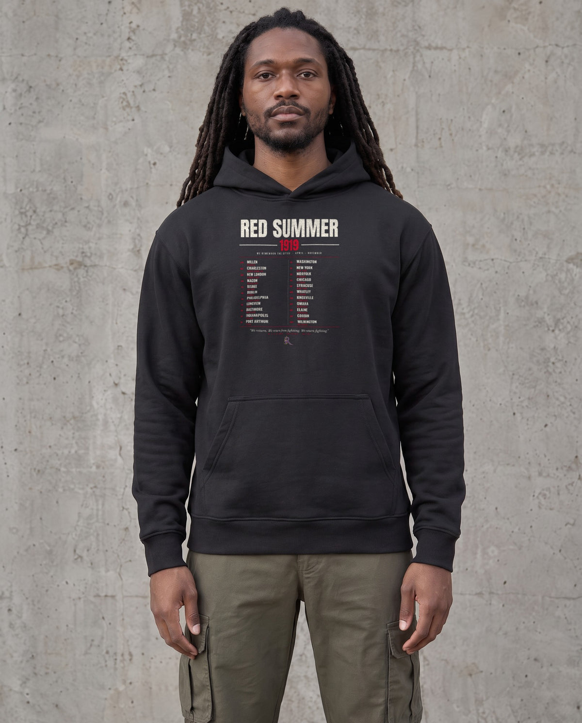 Model wearing the Red Summer 1919 Hoodie