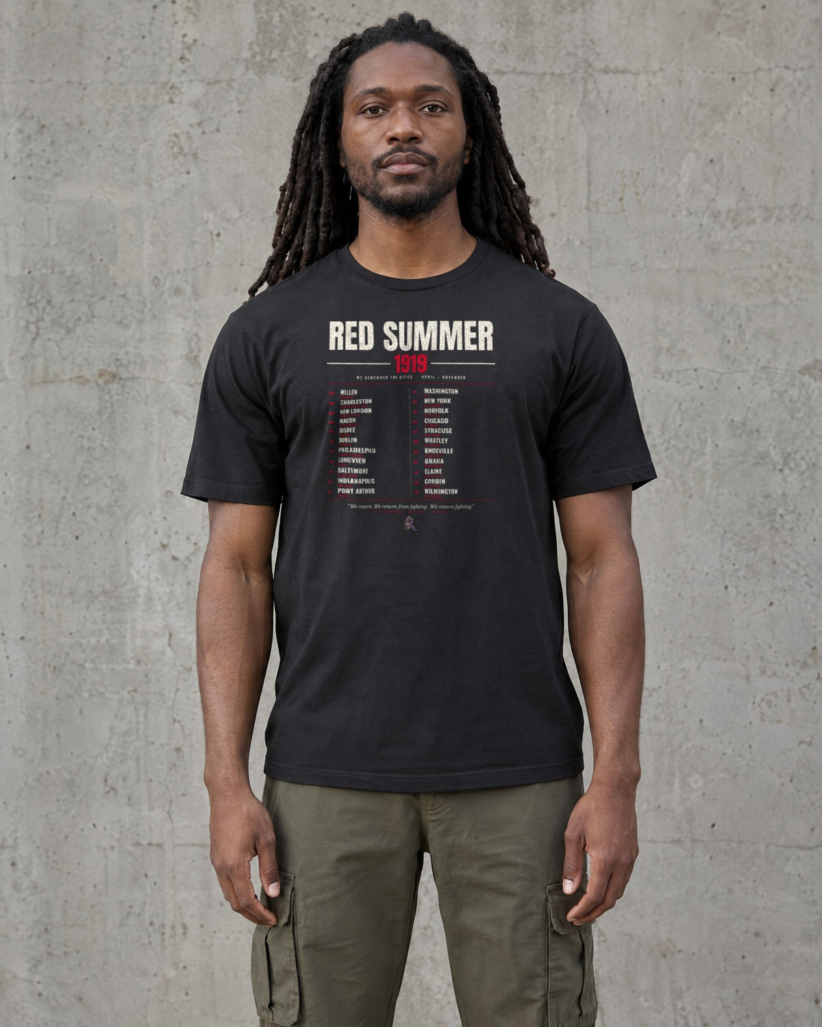 Model wearing the Red Summer 1919 Tee